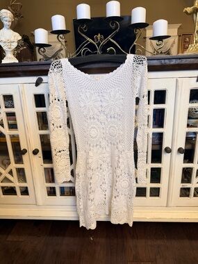 White Crochet Knit Long Sleeve Dress